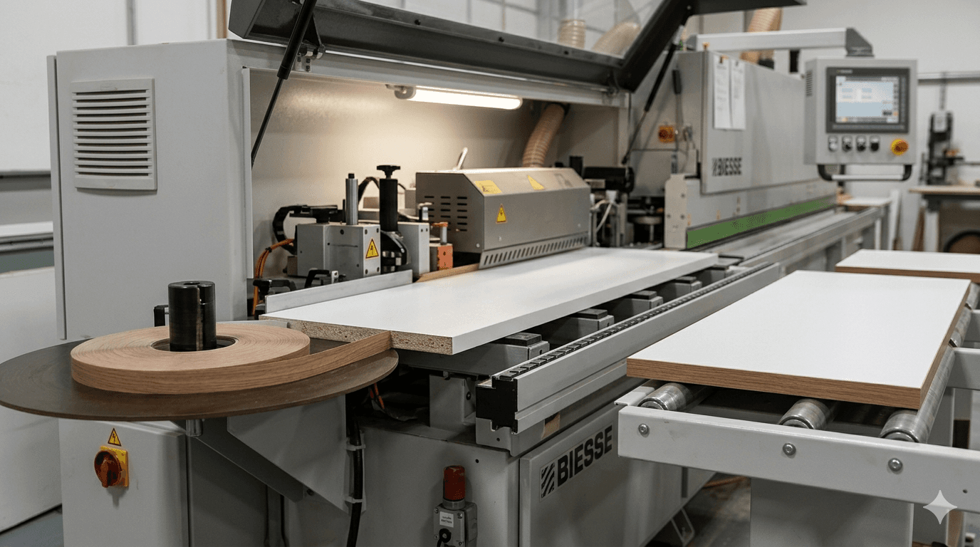 Biesse edge bander applying woodgrain edge tape to a melamine panel