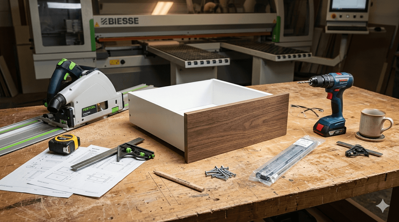 Workbench with hand tools and an in-progress drawer assembly